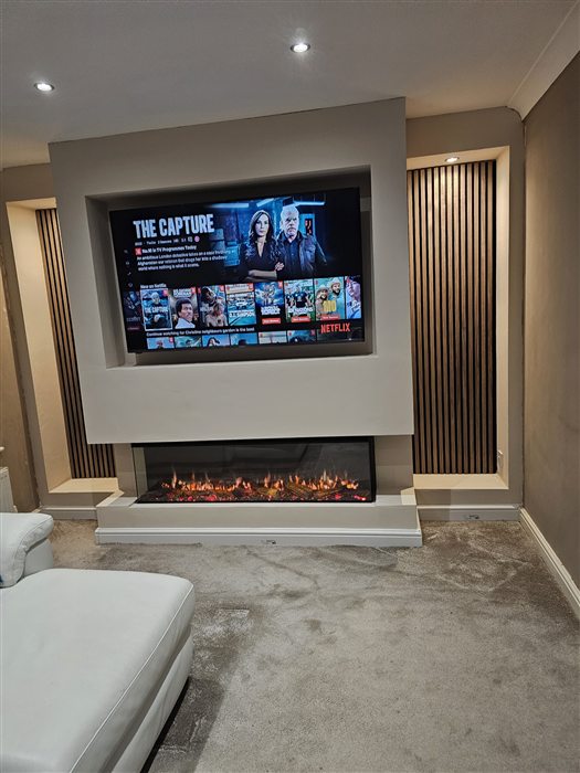 Media wall with a recessed TV, electric fire and slatted side panels