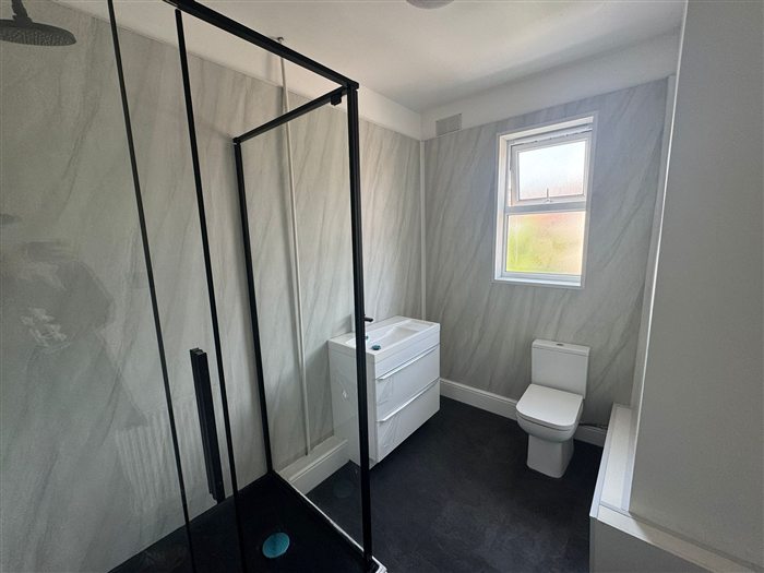 Shower room with black-framed enclosure