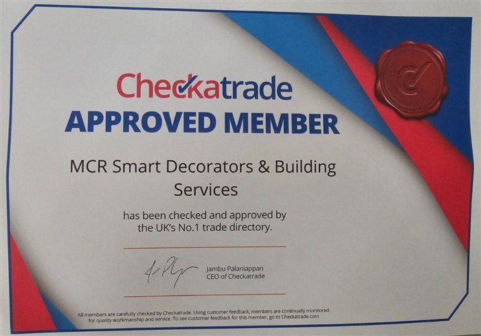 Checkatrade Approved Member certificate for MCR Smart Decorators & Building Services