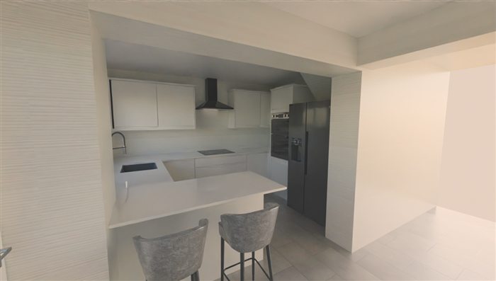 3D design visual of a white kitchen with breakfast bar