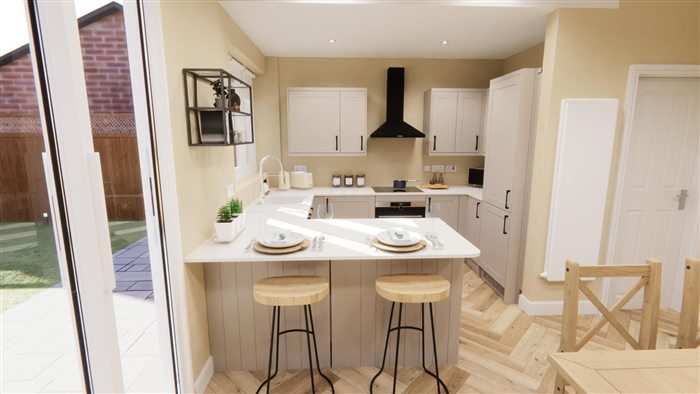 Design visual of a kitchen with a breakfast bar and stools