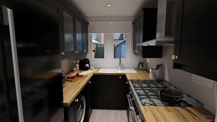 Black shaker kitchen with oak worktops
