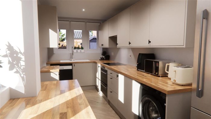 Kitchen with herringbone floor and oak worktops