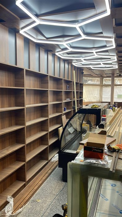 Timber shelving and counter in a shop fit-out